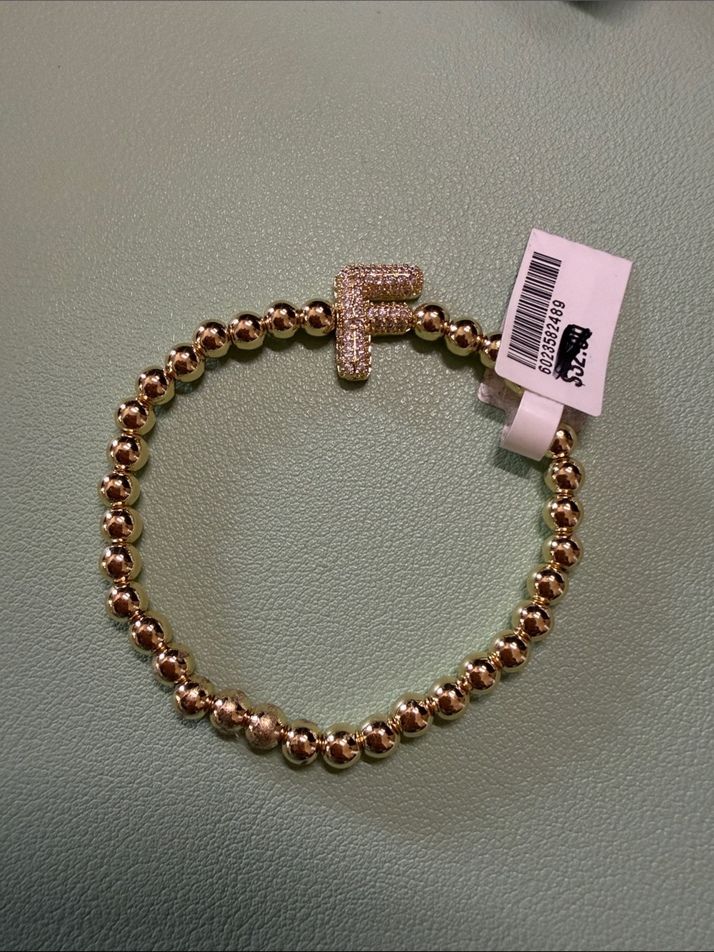 Zoe Belle Gold Beaded Stretch Bracelet with Pavé 'F'Initial Charm